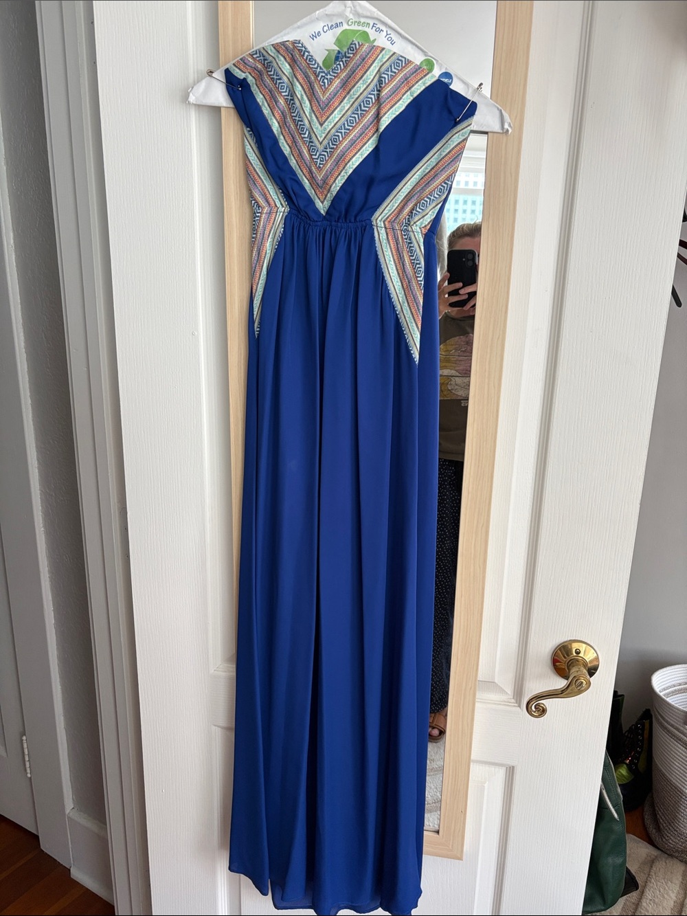 Royal Blue Strapless Maxi Dress with Beaded Geometric Yoke